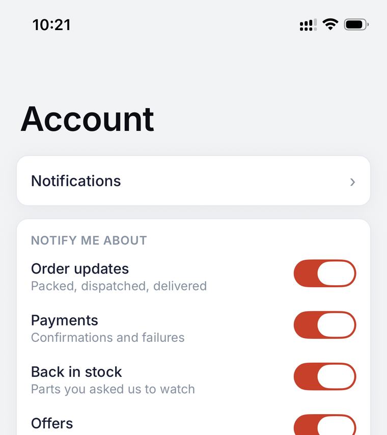 The Motarix account screen, showing orders, garage and support